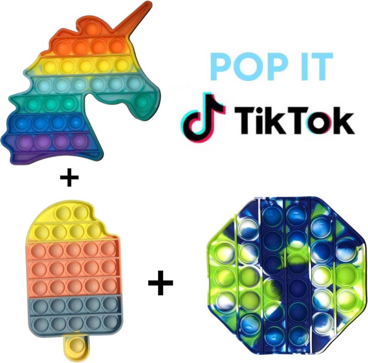 Pop it fidget toys pakket set 3 in 1  rainbow regenboog eenhoorn + multicolor ijsje + octagon camouflage | Tiktok trend 2021 | Anti stress | Meisjes√ jongens√ volwassenen√ | Verjaardag cadeautip | Leuk voor pasen